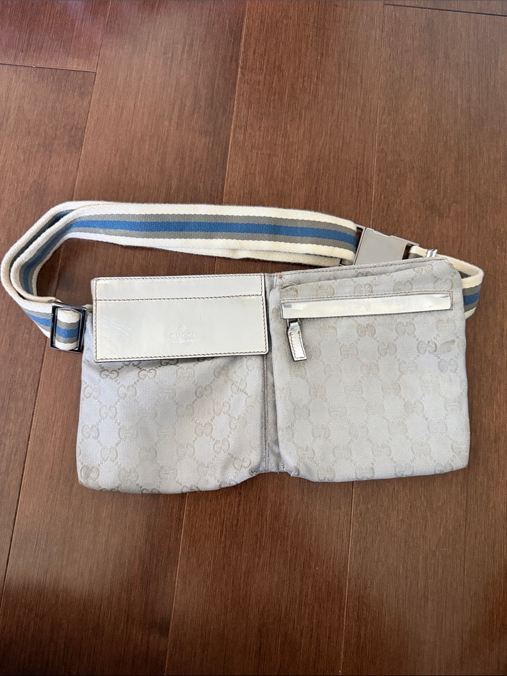 Gucci Light Gray Monogram Waist Bag with Blue-Striped Strap